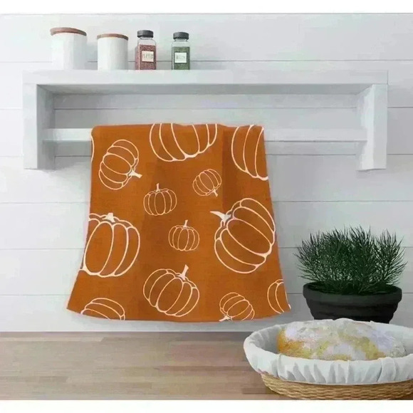 NEW! Hello Pumpkin Fall Kitchen Towels Set Bright Orange & White 16in x 24in - Picture 9 of 12
